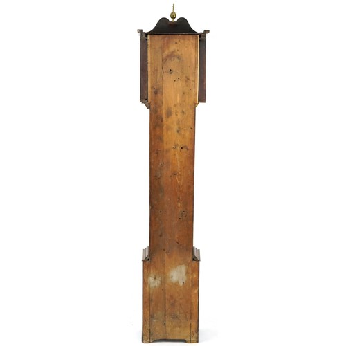 1015A - 19th century inlaid oak grandfather clock with brass dial and silvered chapter ring having Roman num... 