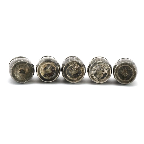 335 - Five miniature sterling silver casters, 3.2cm high, total 13.6g
