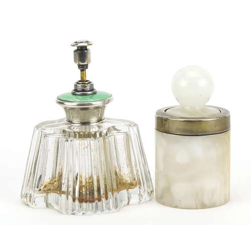 395 - Silver mounted polished agate pot and cover and a cut glass atomiser with sterling silver and green ... 