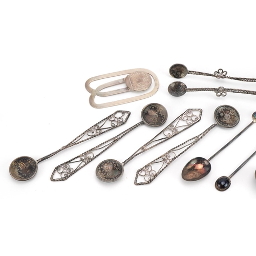 300 - Silver and white metal jewellery and objects including a set of four Islamic spoons with coin bowls,... 