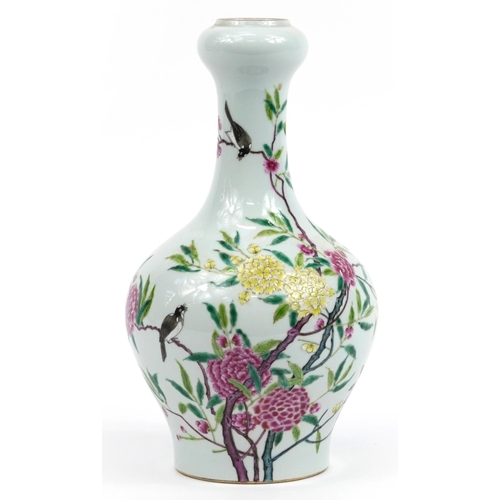 237 - Chinese porcelain garlic head vase hand painted in the famille rose palette with birds amongst flowe... 