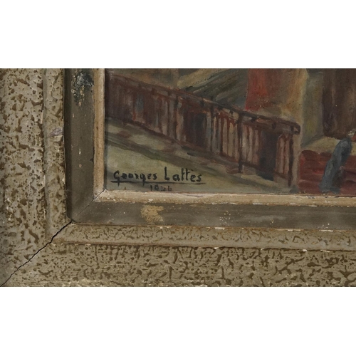 1079 - Georges Lattes 1944 - Street scene with figure and dog, French oil on board, label verso, mounted an... 