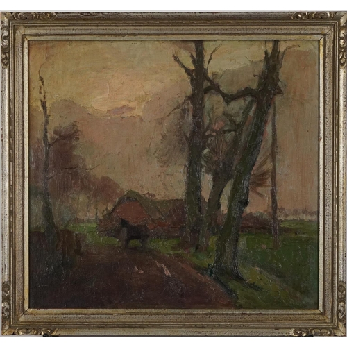 234 - Rural landscape with horse and cart, continental school oil on board, mounted and framed, 50cm x 45c... 