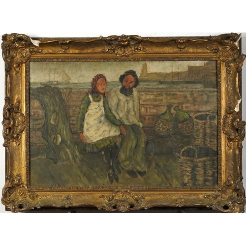 280 - Fisherman and woman seated before a harbour, oil on board, Newcastle upon Tyne label verso, framed, ... 