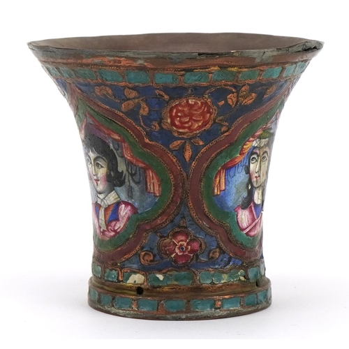 198 - 18th/19th century Turkish enamelled beaker hand painted with noble portraits and flower heads, 7cm h... 