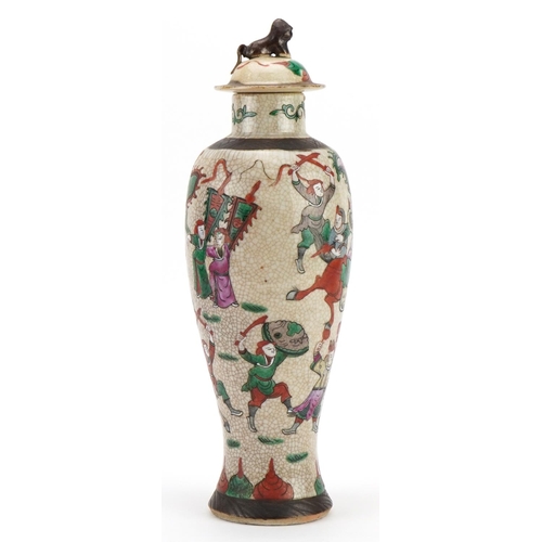 503 - Chinese crackle glaze baluster shaped vase and cover hand painted in the famille verte palette with ... 