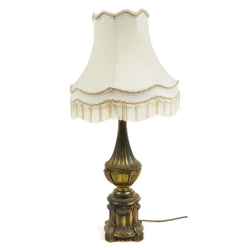 504 - Ornate gilt brass table lamp with shade, 77cm high