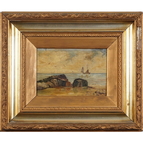 1581 - Coastal landscapes with boats, pair of early 20th century oil on canvasses, each indistinctly stampe... 