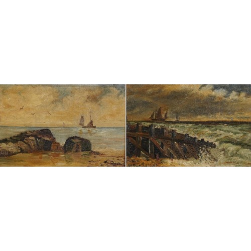 1581 - Coastal landscapes with boats, pair of early 20th century oil on canvasses, each indistinctly stampe... 