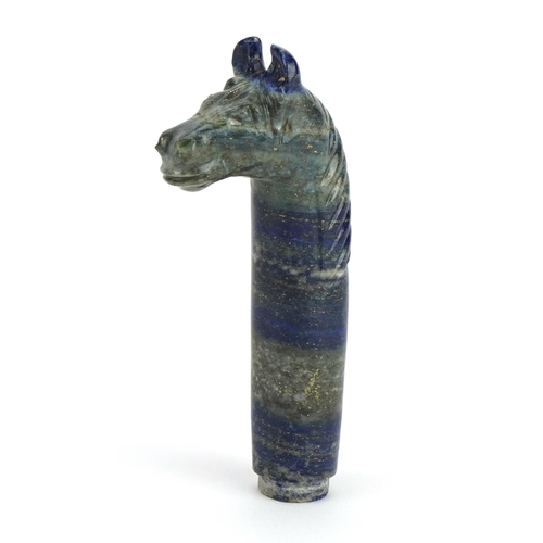 1256 - Islamic lapis lazuli dagger handle carved with a horsehead, 9.5cm in length