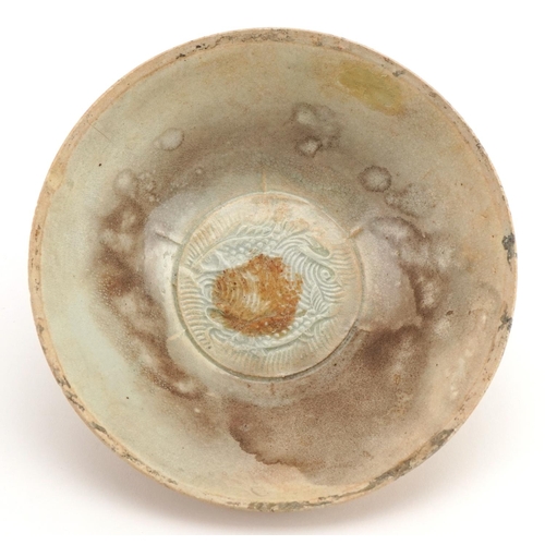 1266 - Korean celadon glazed bowl incised with fish, 17cm in diameter