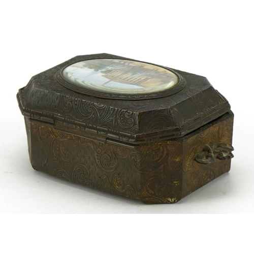 223 - 19th century brass jewel casket with hinged lid having an inset oval panel hand painted with a view ... 