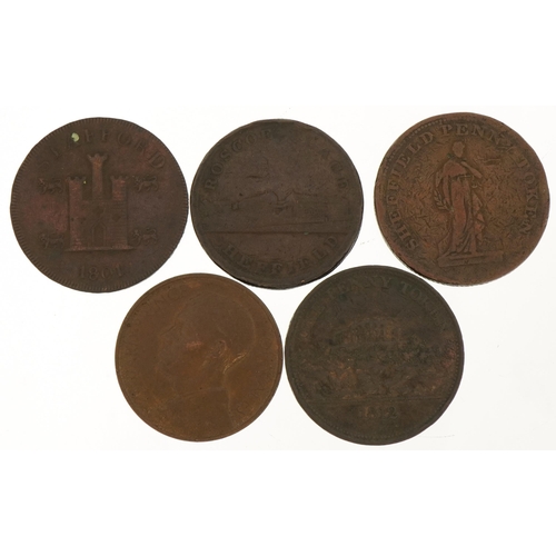 2462 - Four early 19th century penny tokens and an Edward Prince of Wales Cape Town medal