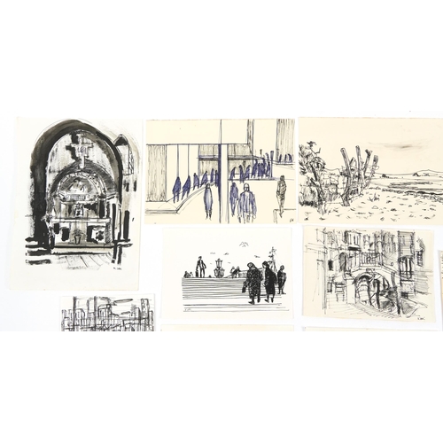 1604 - Karel Lek - Street scenes, figures and townscapes, ten Welsh ink and wash on paper, unframed, the la... 