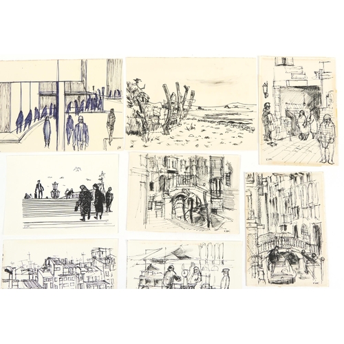 1604 - Karel Lek - Street scenes, figures and townscapes, ten Welsh ink and wash on paper, unframed, the la... 