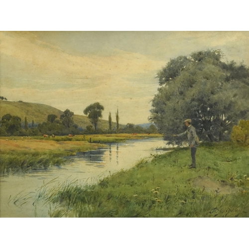 500 - J C Halfpenny - Gentleman fly fishing beside a river, 19th century watercolour, framed and glazed, 3... 