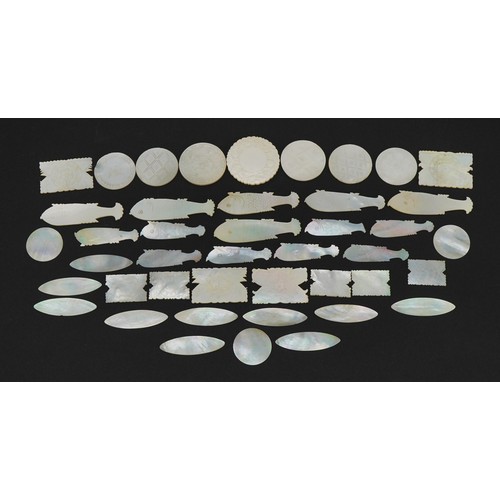 315 - Collection of Chinese Canton mother of pearl gaming tokens, some in the form of fish, the largest 6c... 