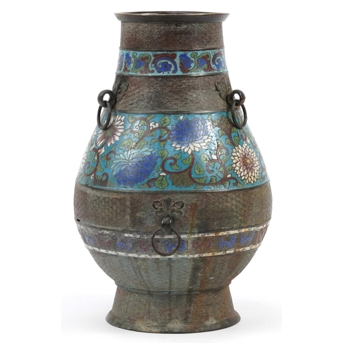 491 - Large Chinese patinated bronze cloisonne vase enamelled with flowers, 39cm high