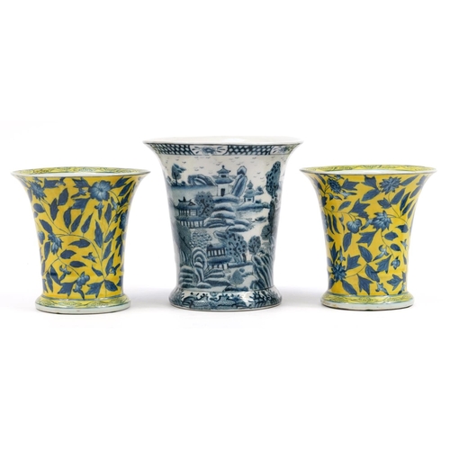 1227 - Three Chinese porcelain vases including blue and white example decorated with a river landscape, 25.... 