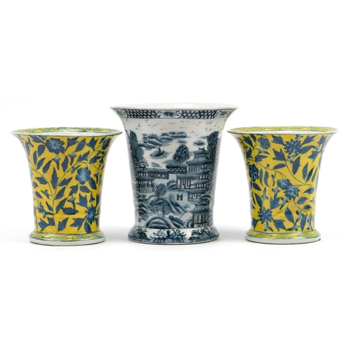 1227 - Three Chinese porcelain vases including blue and white example decorated with a river landscape, 25.... 