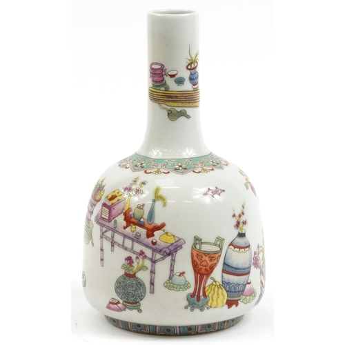 558 - Chinese porcelain mallet vase hand painted in the famille rose palette with flowers and objects, six... 