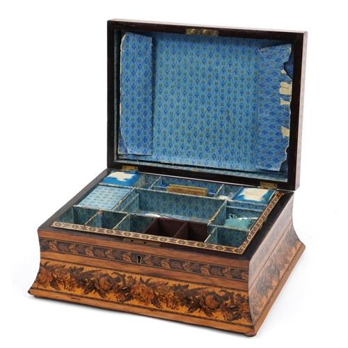 1 - Victorian Tunbridge Ware rosewood sewing workbox with fitted lift out interior and hinged lid micro ... 