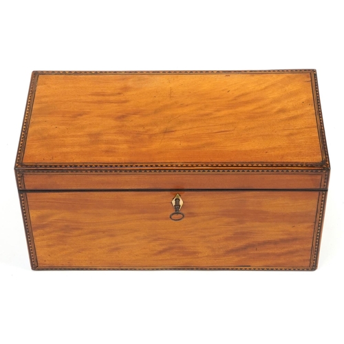 112 - 19th century inlaid satin wood tea caddy with fitted twin divisional interior and glass bowl, 15cm H... 