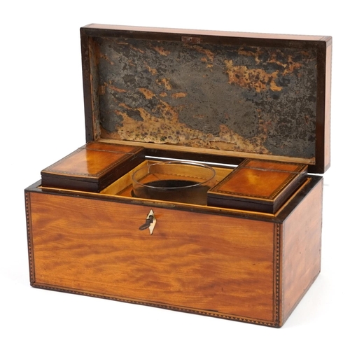 112 - 19th century inlaid satin wood tea caddy with fitted twin divisional interior and glass bowl, 15cm H... 