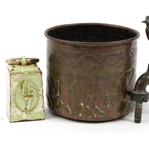 463 - Antique and later metalware including two garden taps including one surmounted with a bronze kingfis... 