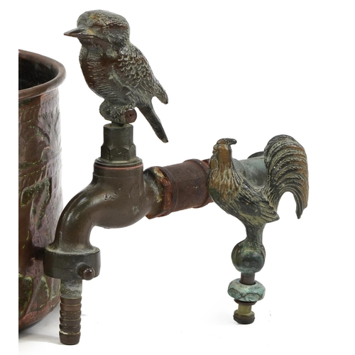 463 - Antique and later metalware including two garden taps including one surmounted with a bronze kingfis... 