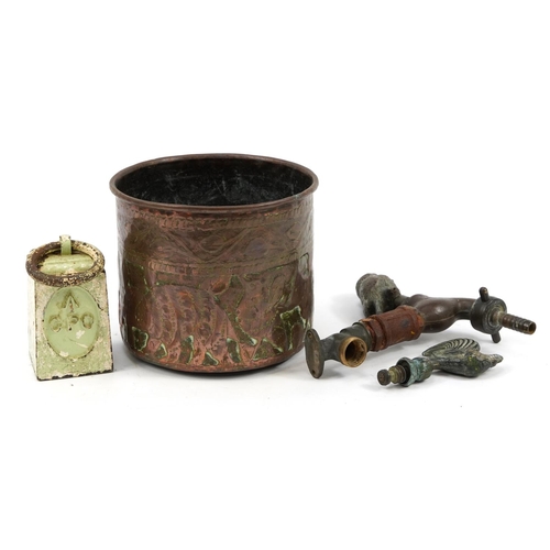 463 - Antique and later metalware including two garden taps including one surmounted with a bronze kingfis... 