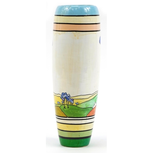 377 - Large Art Deco style ceramic vase in the style of Clarice Cliff hand painted with a landscape, inscr... 