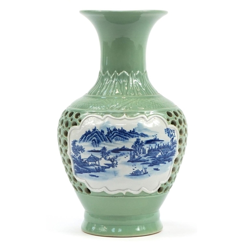 532 - Chinese reticulated porcelain vase having a celadon glaze, hand painted with panels of figures in a ... 