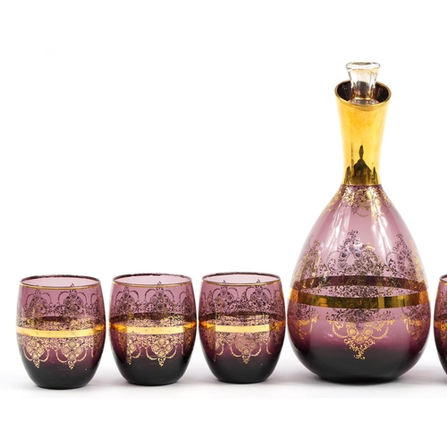 382 - Laguna, Murano glass carafe and six beakers, each with gilt foliate decoration, the decanter with pa... 