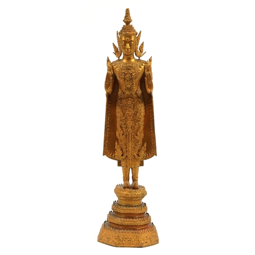 292 - Antique Thai gilt bronze figure of standing Rattanakosin Buddha, later overpainted, 52cm high