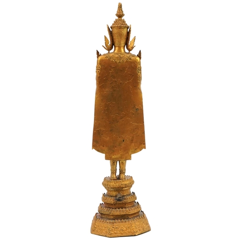 292 - Antique Thai gilt bronze figure of standing Rattanakosin Buddha, later overpainted, 52cm high