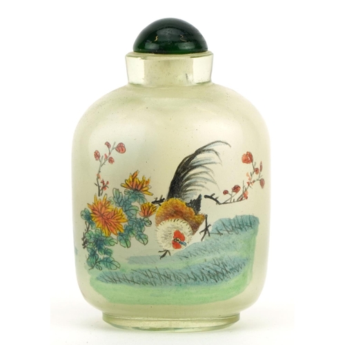 1224 - Chinese glass snuff bottle with stopper internally hand painted with a river landscape and cockerel,... 