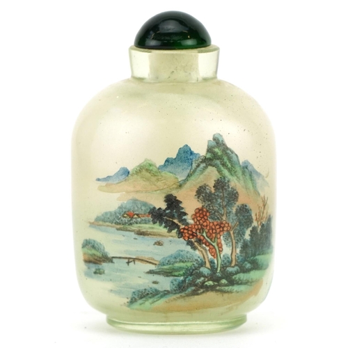 1224 - Chinese glass snuff bottle with stopper internally hand painted with a river landscape and cockerel,... 