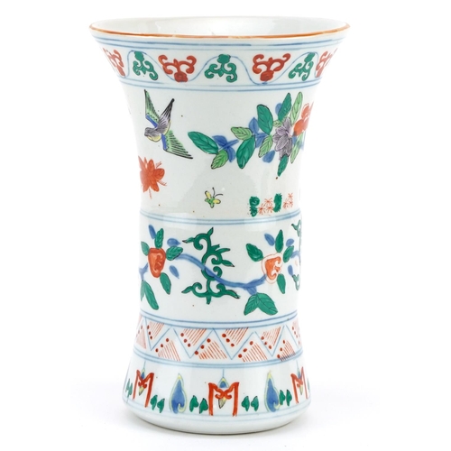 1249 - Chinese wucai porcelain beaker vase hand painted with birds amongst flowers, 24cm high