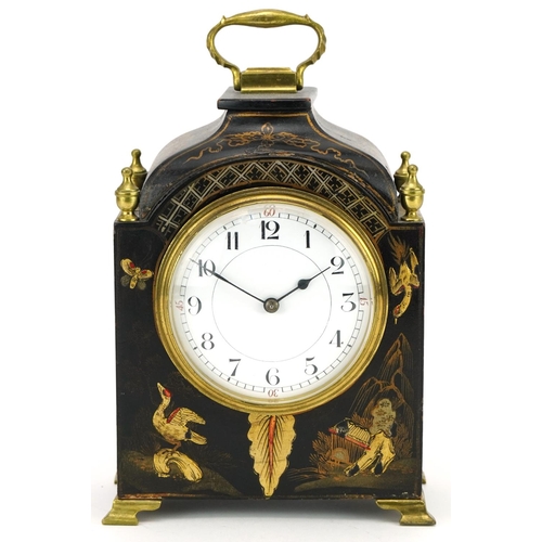 26 - Early 20th century lacquered mantle clock decorated in the chinoiserie manner with birds, the circul... 