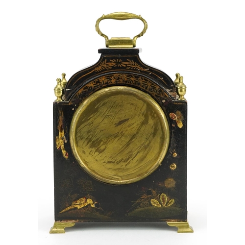 26 - Early 20th century lacquered mantle clock decorated in the chinoiserie manner with birds, the circul... 
