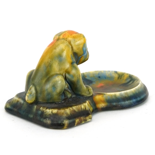 251 - Art Deco pottery dog dish having a colourful mottled glaze, 14.5cm in length
