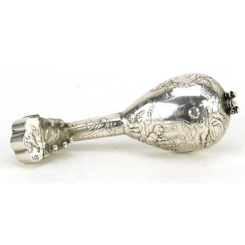 146 - Novelty Dutch silver scent bottle and stopper in the form of a mandolin embossed with Putti, 9.5cm i... 