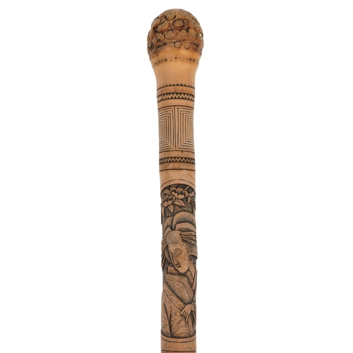 347 - Chinese bamboo walking stick carved with panels of Geishas and flowers, 87.5cm in length