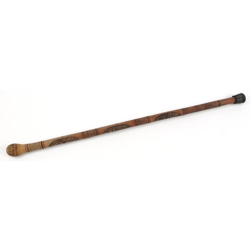 347 - Chinese bamboo walking stick carved with panels of Geishas and flowers, 87.5cm in length