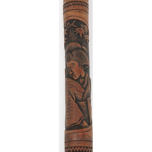 347 - Chinese bamboo walking stick carved with panels of Geishas and flowers, 87.5cm in length