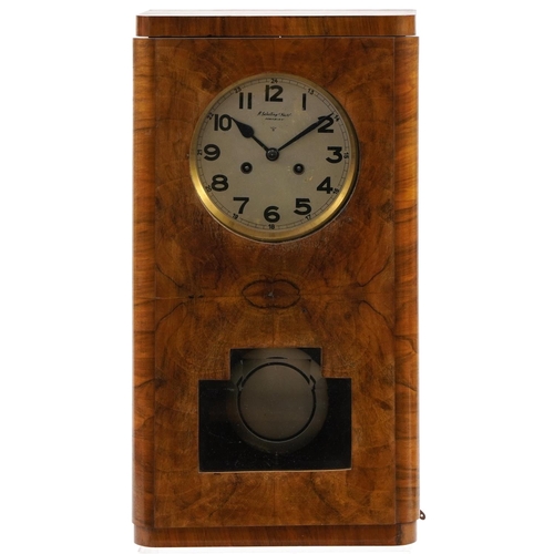 259 - German Art Deco walnut wall clock with circular silvered dial having Arabic numerals, inscribed H Sc... 