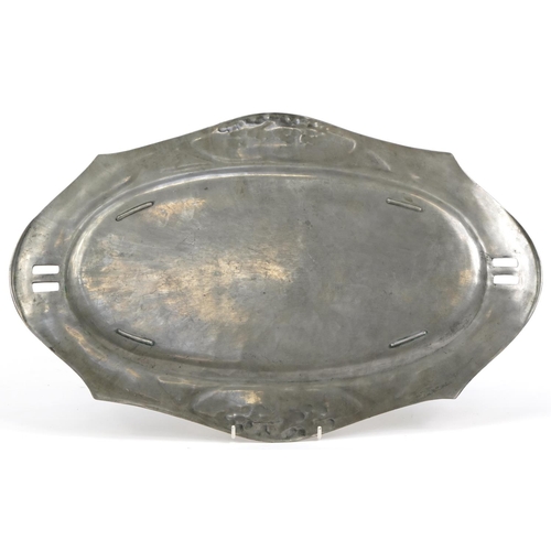 386 - German Art Nouveau pewter serving tray with twin handles decorated in low relief with stylised trees... 