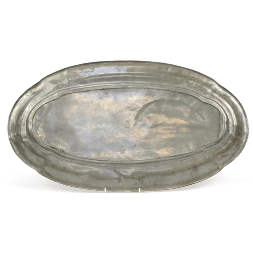 385 - German Art Nouveau pewter serving tray decorated in low relief with fishes and stylised flowers, ind... 
