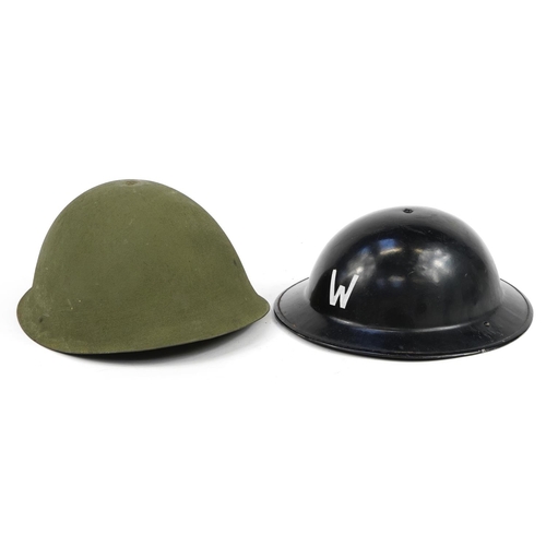 2177 - British military World War II Warden tin helmet with leather liner and one other